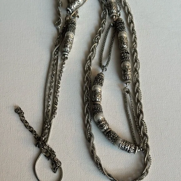 Silver Tone Chain and Faux Pearl layered Necklace with Organic Design - Picture 15 of 15